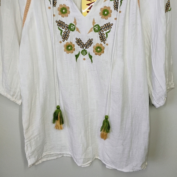 Wayan Natural Wear Embroidered 3/4 Sleeve Blouse White Flowy Bohemian Size L/XL - Picture 2 of 12